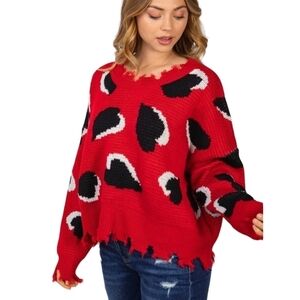 Black Red Multi Heart Knit V-Neck Long Sleeve Relaxed Fit Sweater
